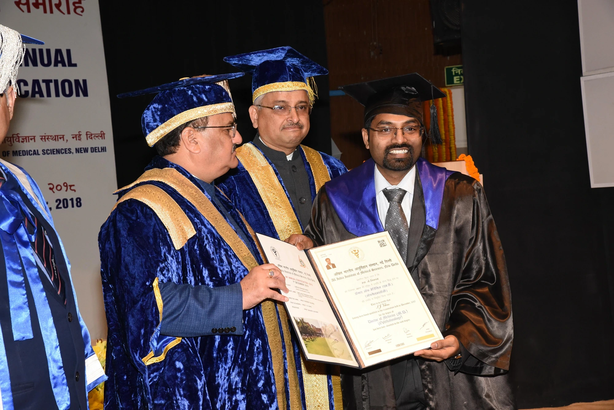 Dr. S.J. Vikas receiving his MD Ophthalmology degree at the AIIMS New Delhi annual convocation, 2018